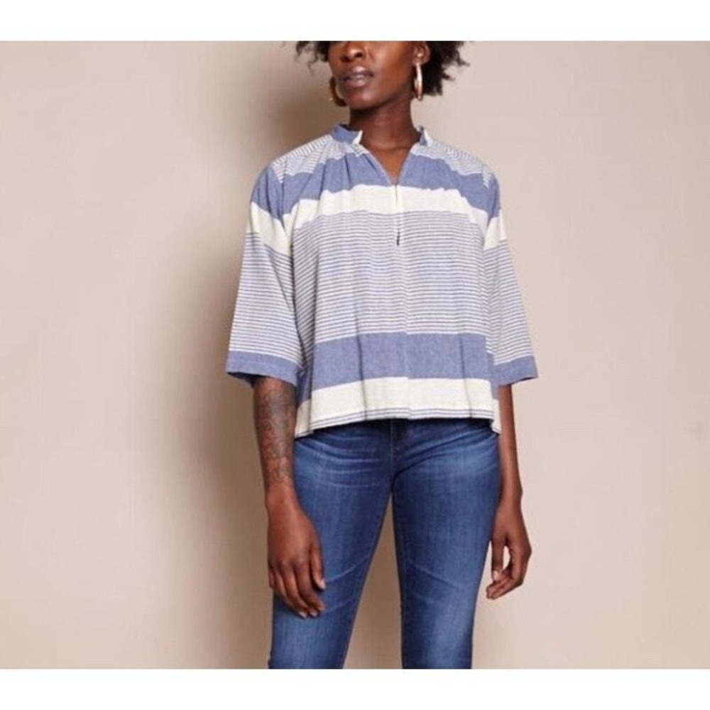 Apiece Apart Blouse Women Size 4 Blue White Striped Cotton Boxy 3/4 Sleeve Top